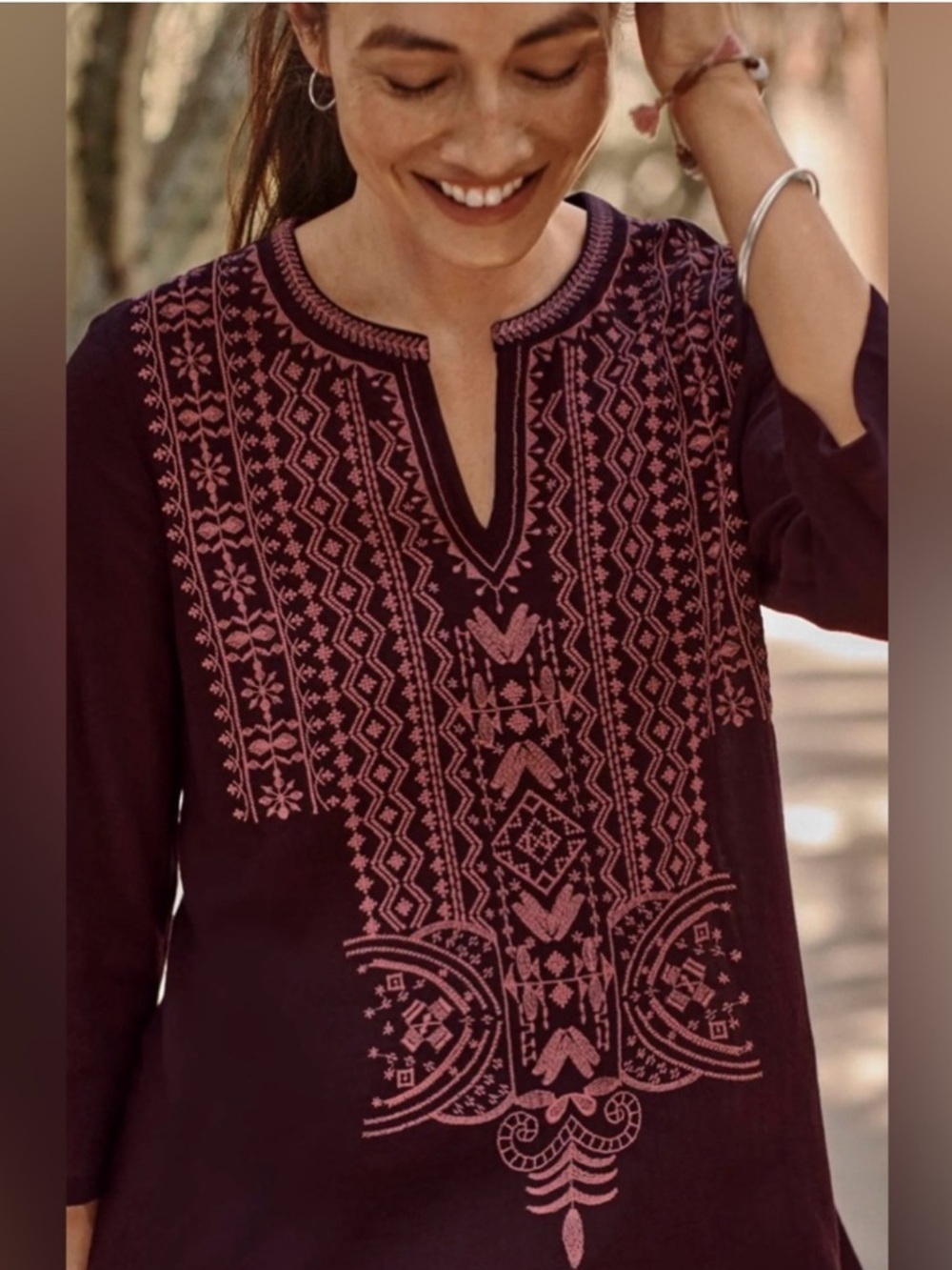 J Jill Embroidered V-Neck Tunic Top in Deep Plum Size M